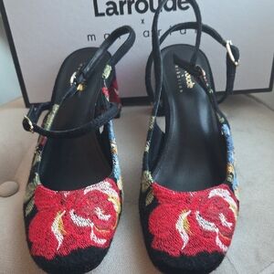 Larroude X Markarian Black Heels with Red Floral Embroidery 9.5 New